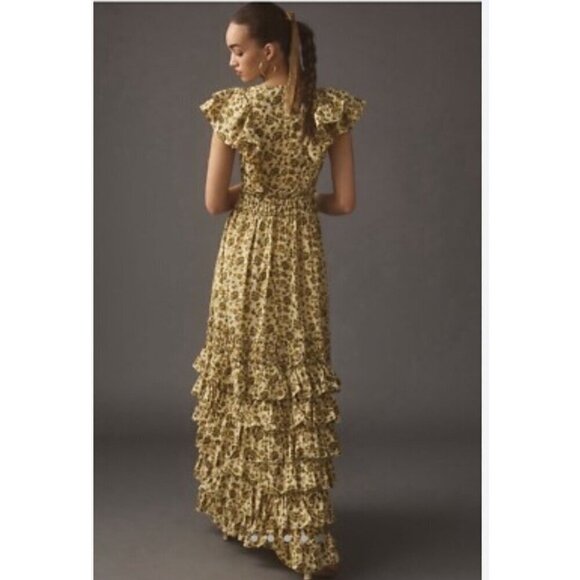 Mac Duggal Size 4 Beige Floral Tiered Ruffled Boho Maxi Dress Gown Cottagecore - Picture 14 of 15